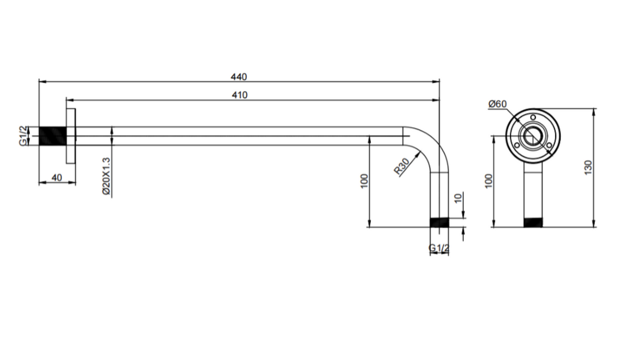 Kartell K-VIT Traditional Stainless Steel Shower Head 200mm with Round Wall Mounted Arm-Chrome (SHO102T-SHO113RO)