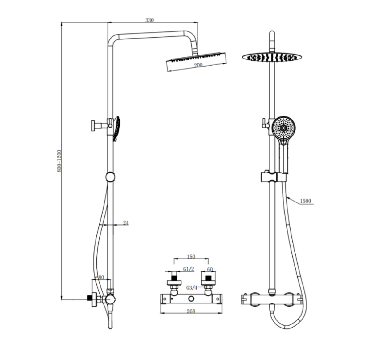 Kartell K-VIT Ottone Option 1 Thermostatic Exposed Bar Shower with overhead drencher and sliding handset- Gold (SHO140OT)