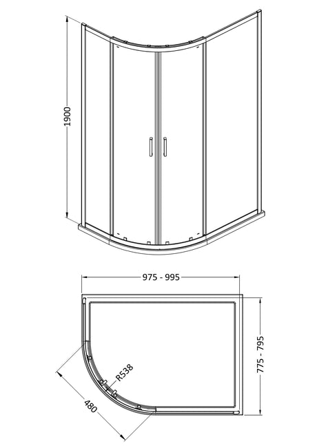 Nuie Rene 1000 x 800mm 2 Door Offset Quadrant Enclosure – Brushed Brass, photo 2