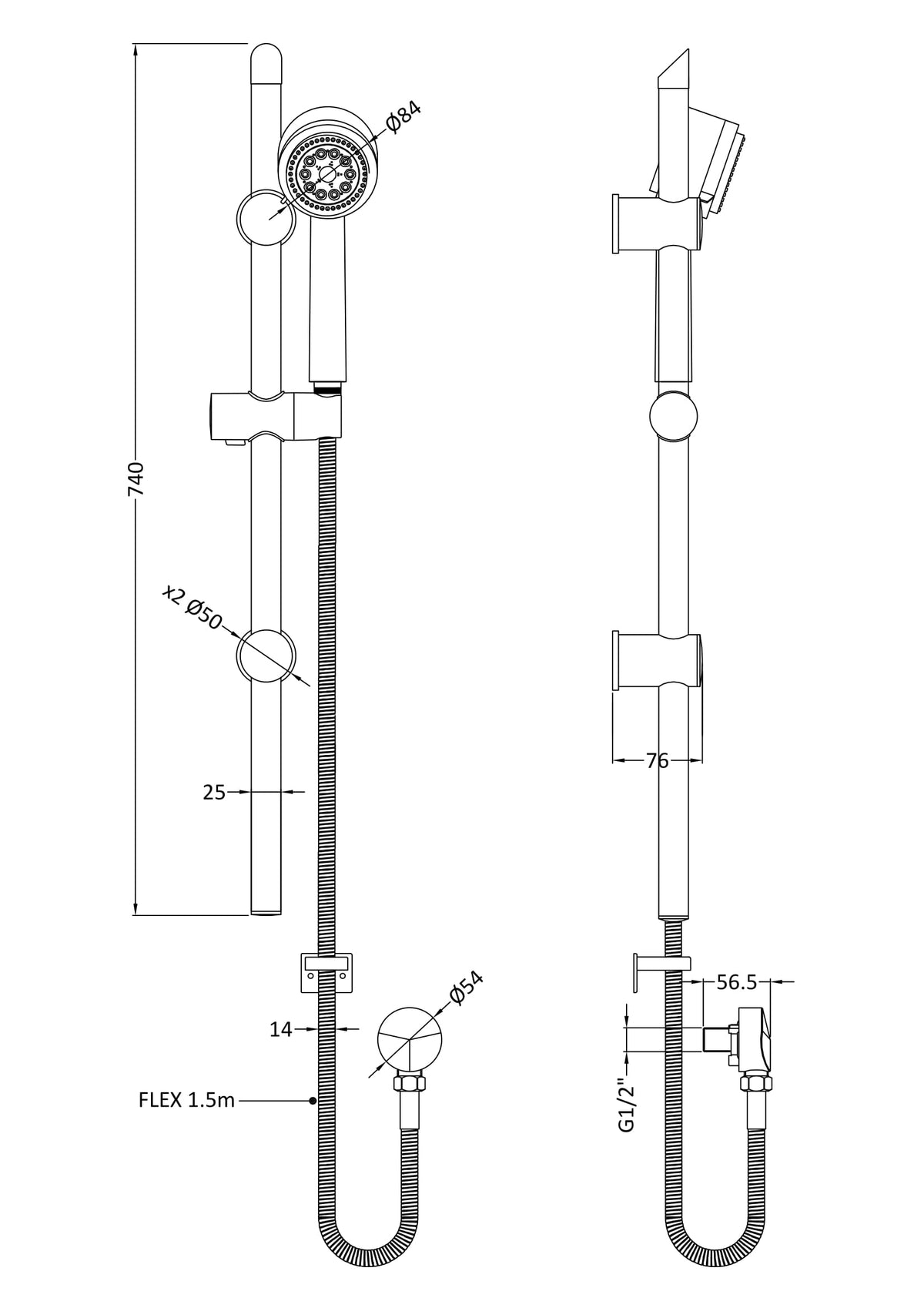 Nuie Shower Slide Rail Kit – 740mm High – Chrome or Brushed Bronze, photo 3