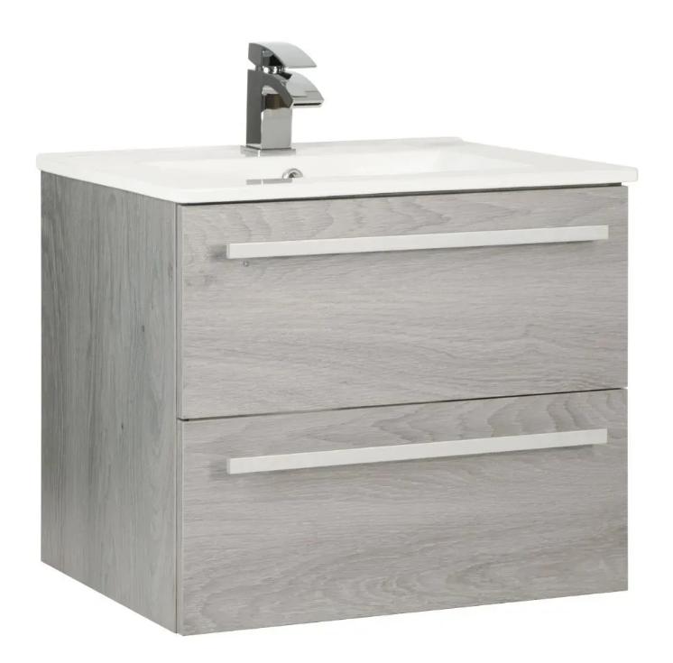 Kartell K-VIT Purity 600mm Wall Mounted Drawer Unit With Ceramic Basin- Silver Oak (PSO600WM-FUR057PU)