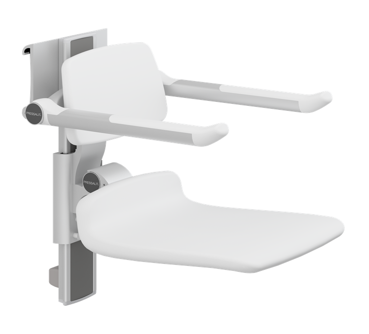 Pressalit PLUS Shower Seat 450, Manually Height and Manually Sideways Adjustable With Back & Arms White (R7464000)