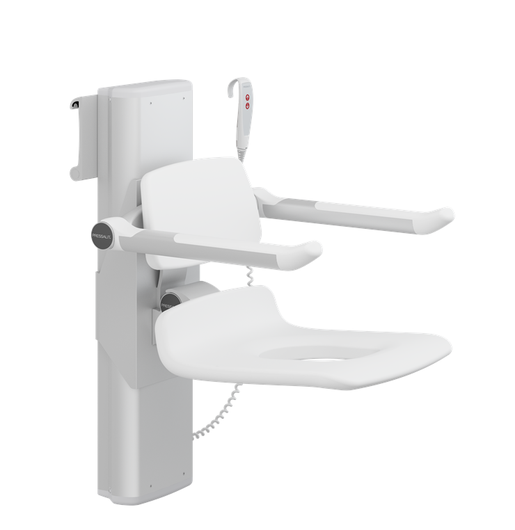 Pressalit PLUS Shower Seat 450 With Aperture, Electrically Height Adjustable And Manually Sideways Adjustable White (R7665000)
