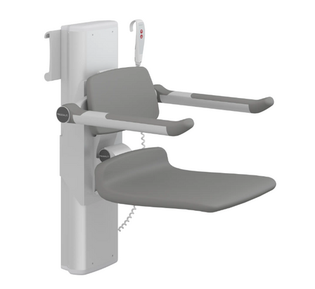 Pressalit PLUS shower seat – 450 mm Manual – Back & Armrests, With Aperture, Anthracite