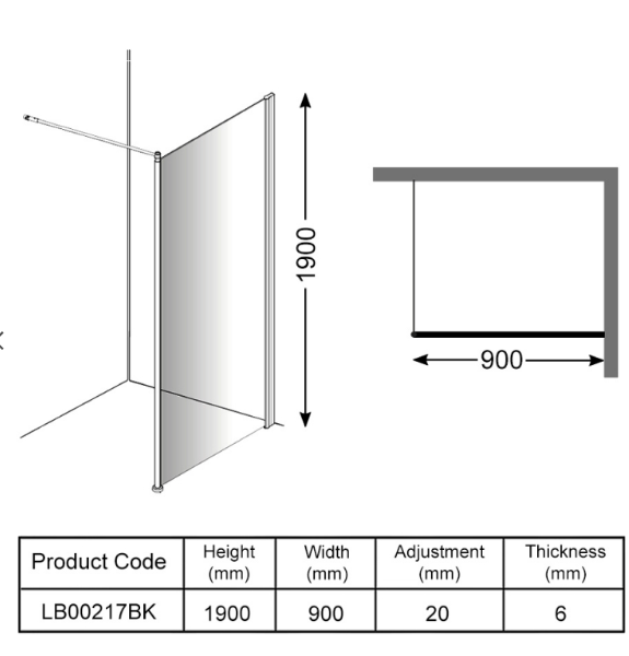 AKW Level Best Option GA Full Height Glass Screen 900mm Black (LB00217BK)