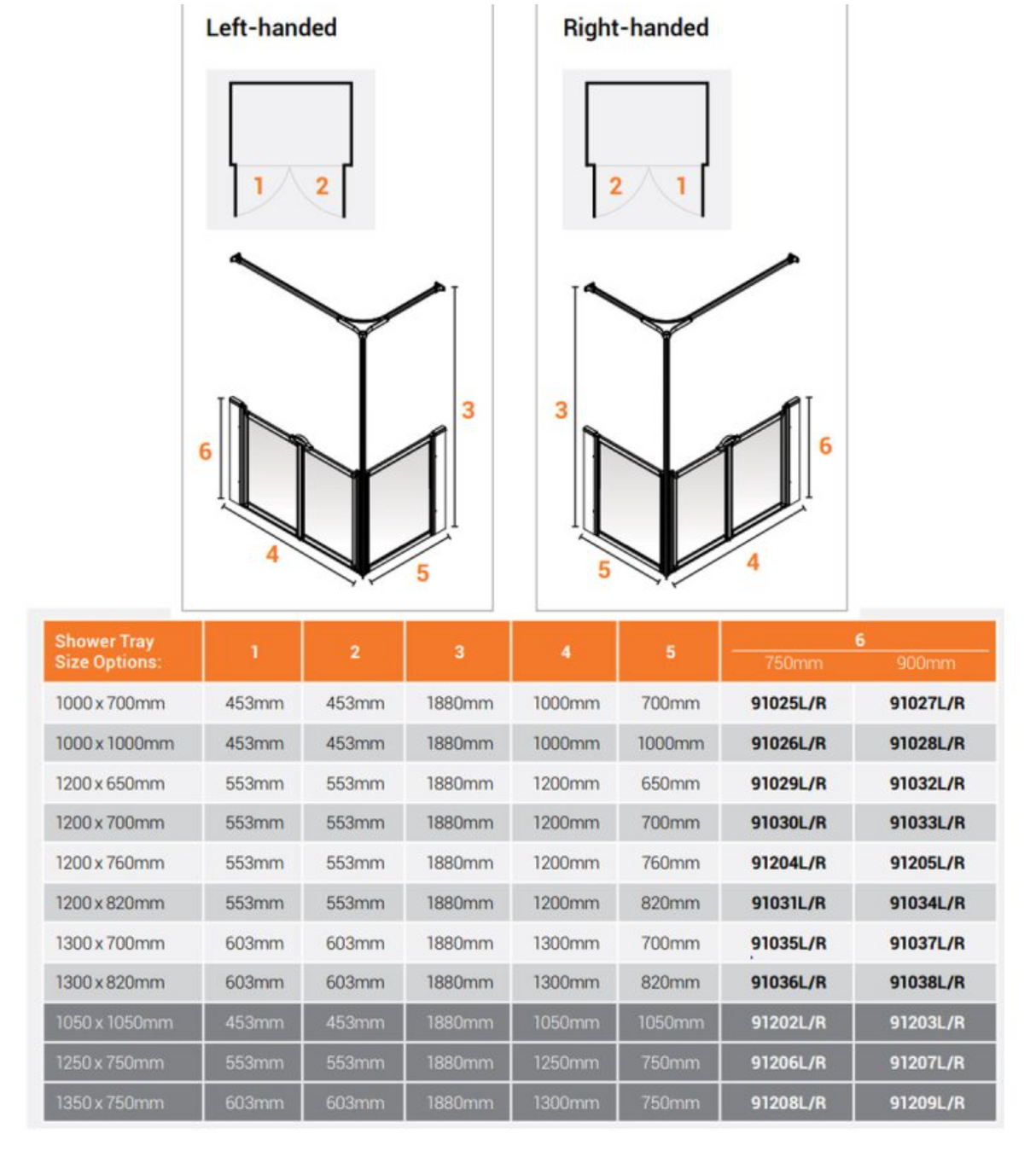 AKW Option C Shower Screens 1200x650mm Right Hand - 750mm High (91029R)