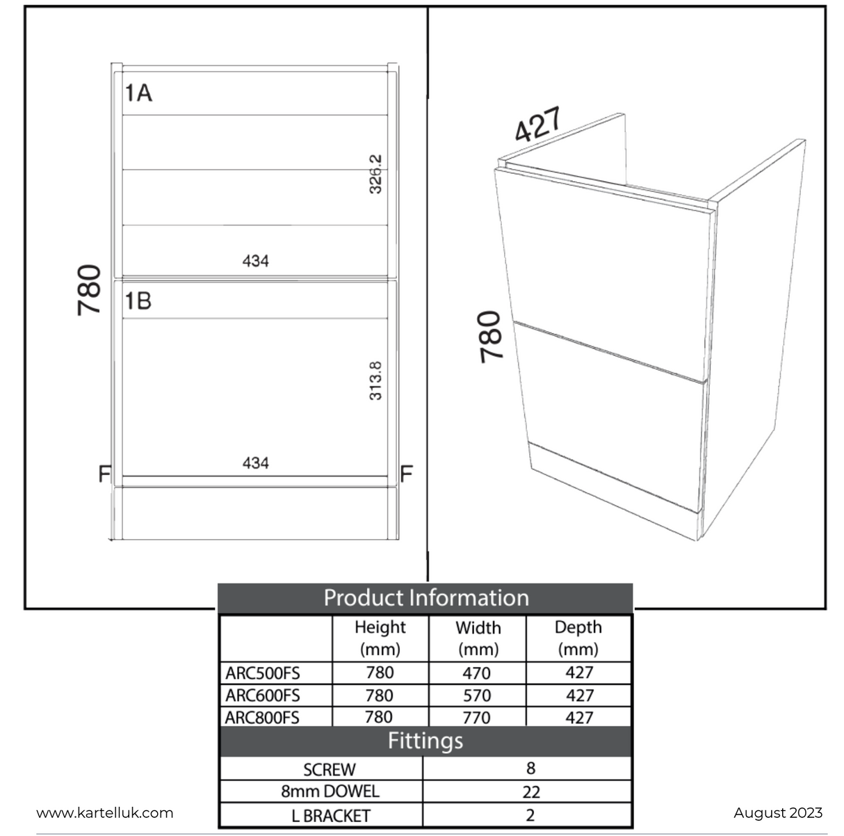 Kartell K-VIT Arc 500mm Floor Standing 2 Drawer Unit With Ceramic Basin- White (ARC500FS-W  FUR148ME)