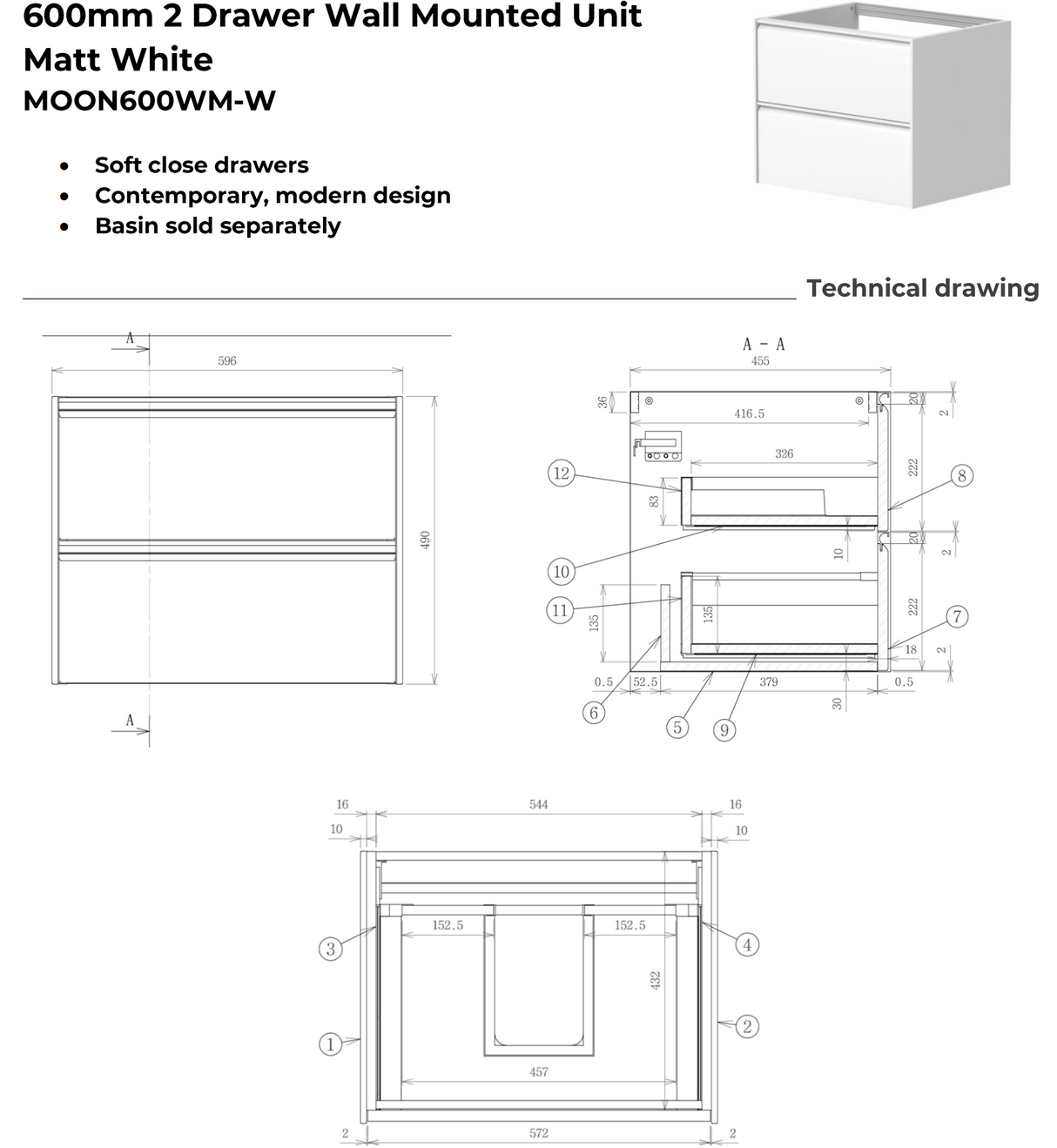 Kartell K-VIT Moon 600mm 2 Drawer Wall Mounted Unit With Ceramic Basin-Matt White (MOON600WM-W MOON600BAS)