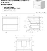 Kartell K-VIT Moon 600mm 2 Drawer Wall Mounted Unit With Ceramic Basin-Matt White (MOON600WM-W MOON600BAS)