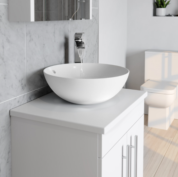 Kartell K-VIT Purity 600mm Floor Standing 2 Door Unit With Ceramic Worktop & Sit On Bowl-White Gloss (FUR001PU-FUR433PU-FUR435PU)