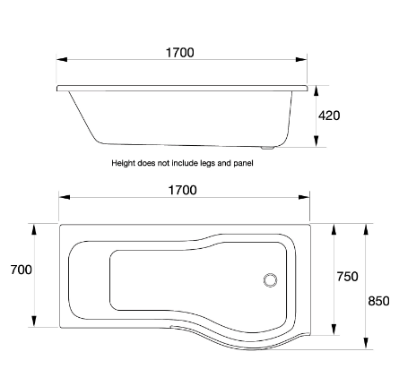 Kartell K-VIT Oblique P-Shaped Shower Bath 1700 x 850mm Left or Right Handed (BAT1600B)(BAT1610B)