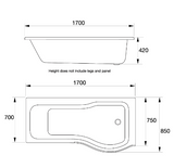 Kartell K-VIT Oblique P-Shaped Shower Bath 1700 x 850mm Left or Right Handed (BAT1600B)(BAT1610B)