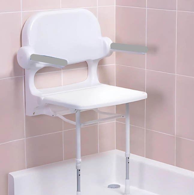 AKW 2000 Series Standard Wall Mounted Fold Up Shower Seat with Back and Grey Padded Arms (02130)