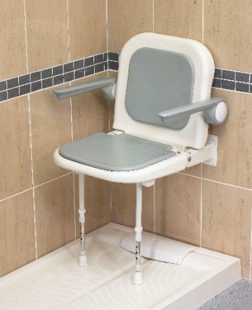 AKW 4000 Series Advanced Fold Up Grey Padded Shower Seat with Support Legs Back and Arms (04230P)