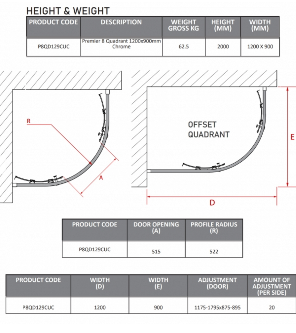 Impey Coram Premier 8 8mm Plain Glass 1200mm x 900mm Double Offset Quadrant Shower Enclosure Chrome  (P8QD129CUC)
