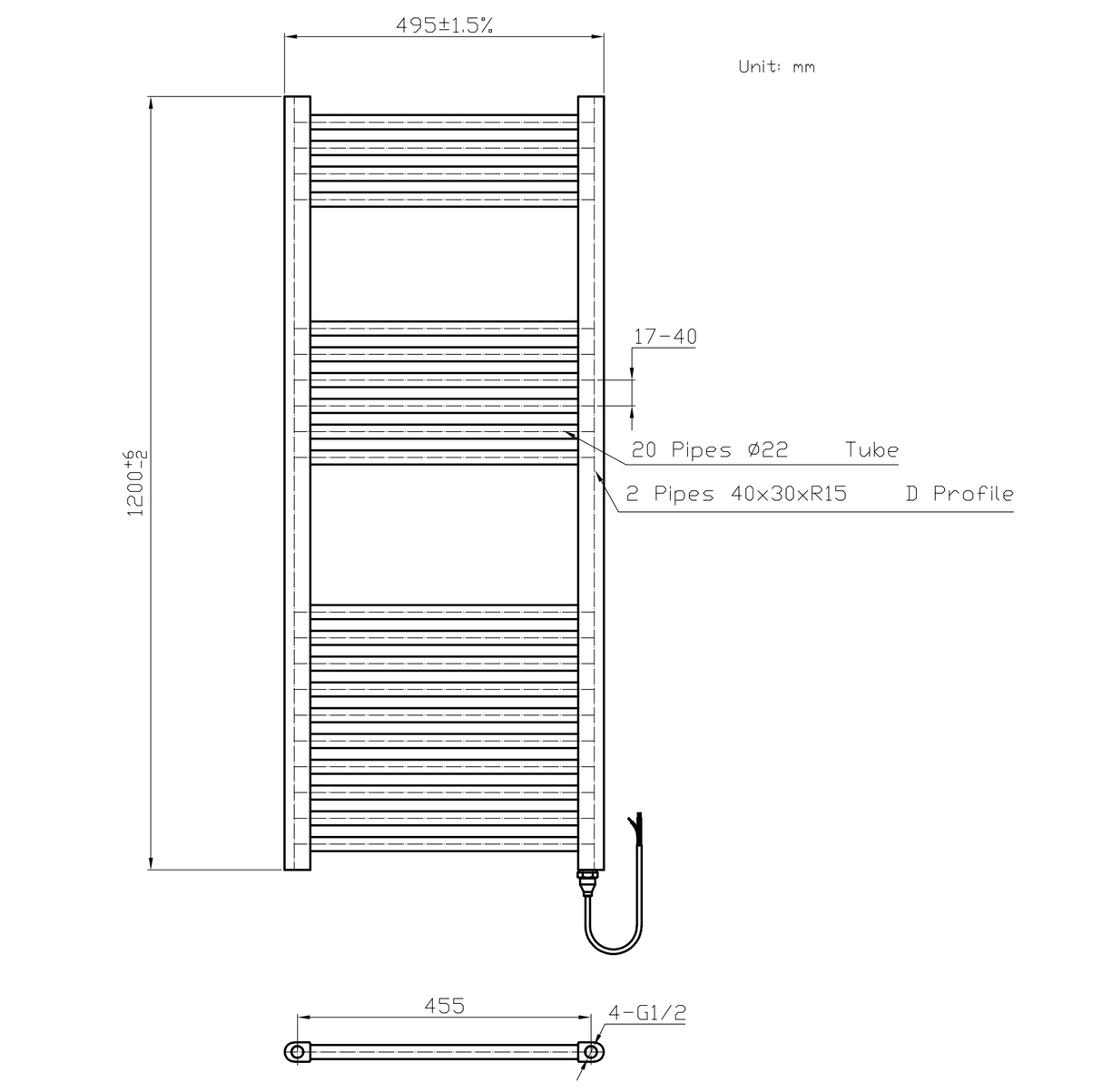 Kartell K-VIT Straight Electric Towel Rail - On/Off 500 x 1200mm Chrome (ESTR512C)