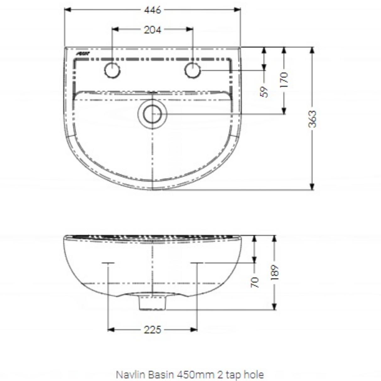AKW Navlin 450mm 2 Tap Hole Wash Basin (23577)