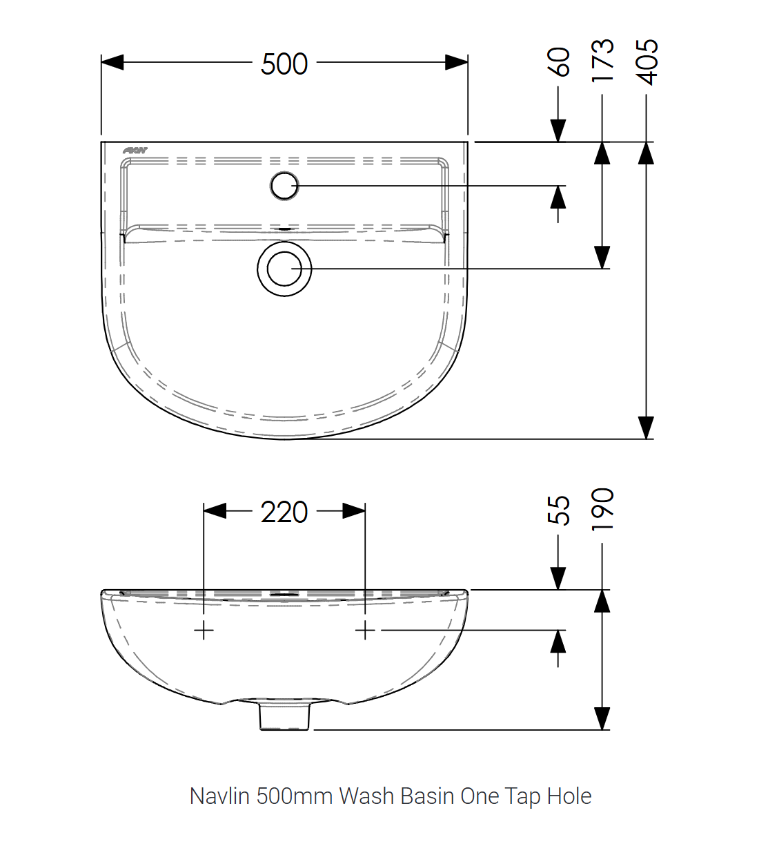 AKW Navlin Wash Basin 500mm 1 Tap Hole (23578)