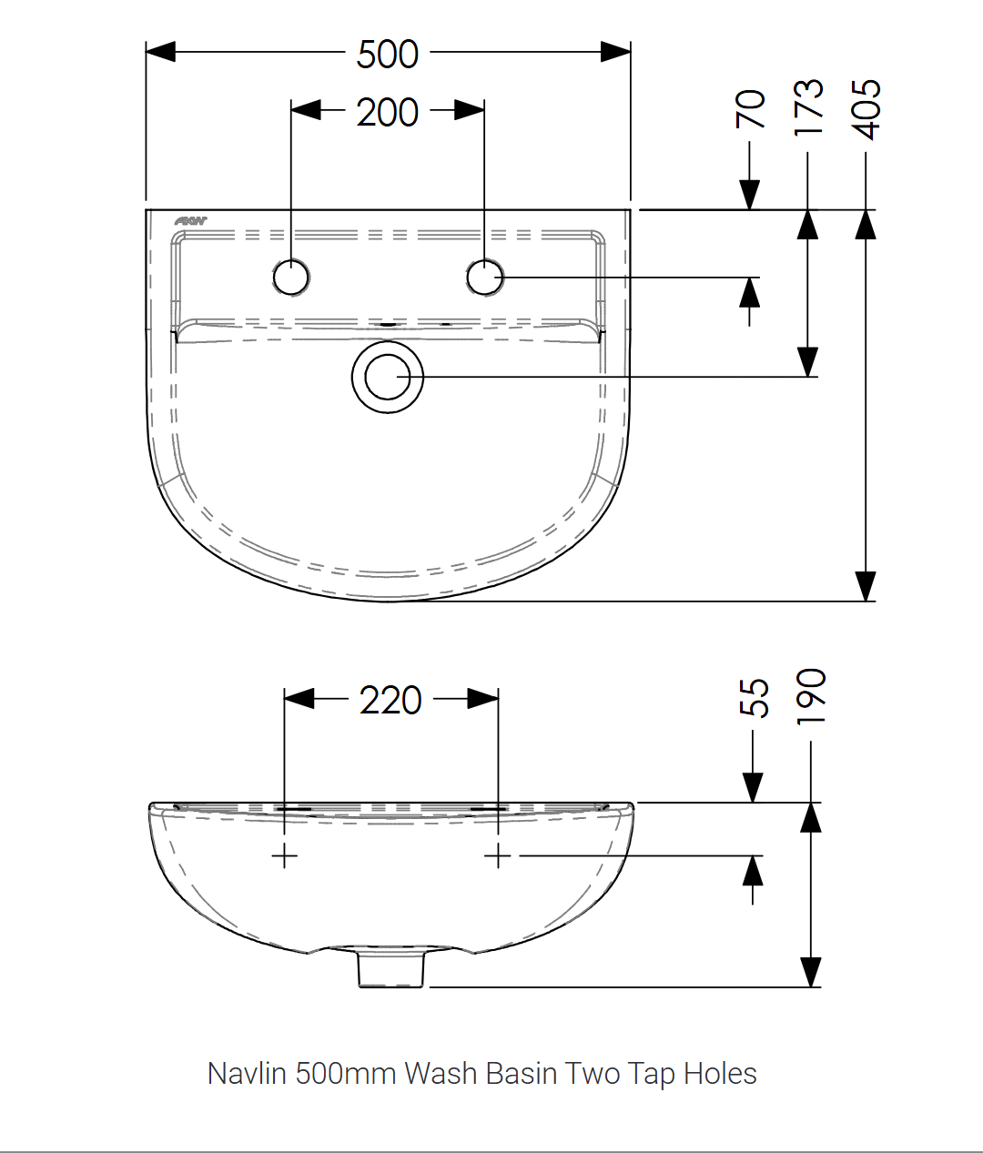 AKW Navlin Wash Basin 500mm 2 Tap Hole (23579)