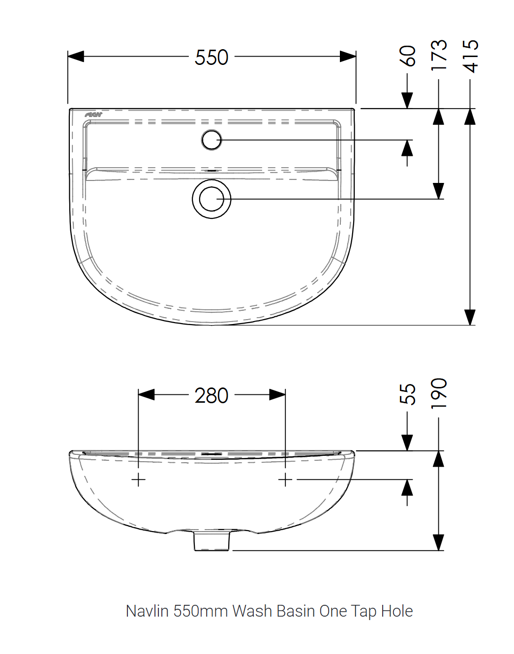 AKW Navlin Wash Basin 550mm 1 Tap Hole (23580)