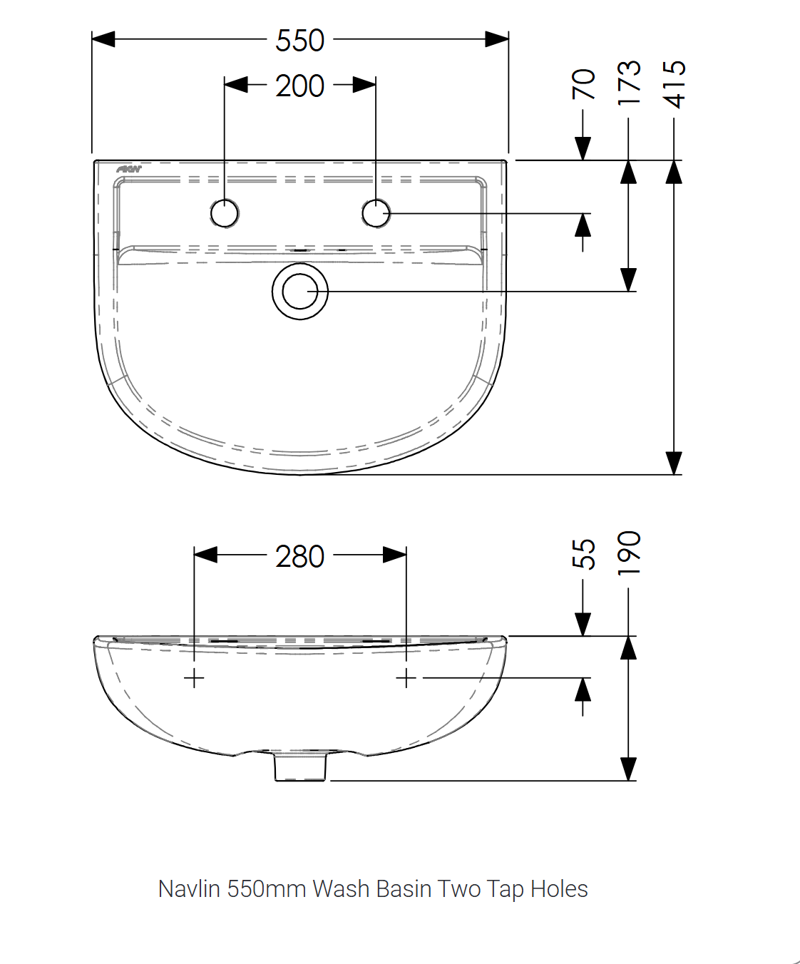 AKW Navlin Wash Basin 550mm 2 Tap Hole (23581)