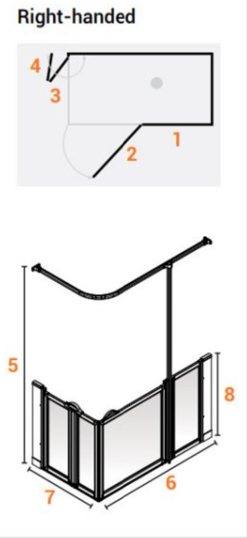 AKW Option BW Shower Screens 1500x820mm Right Hand - 900mm High (91020R)
