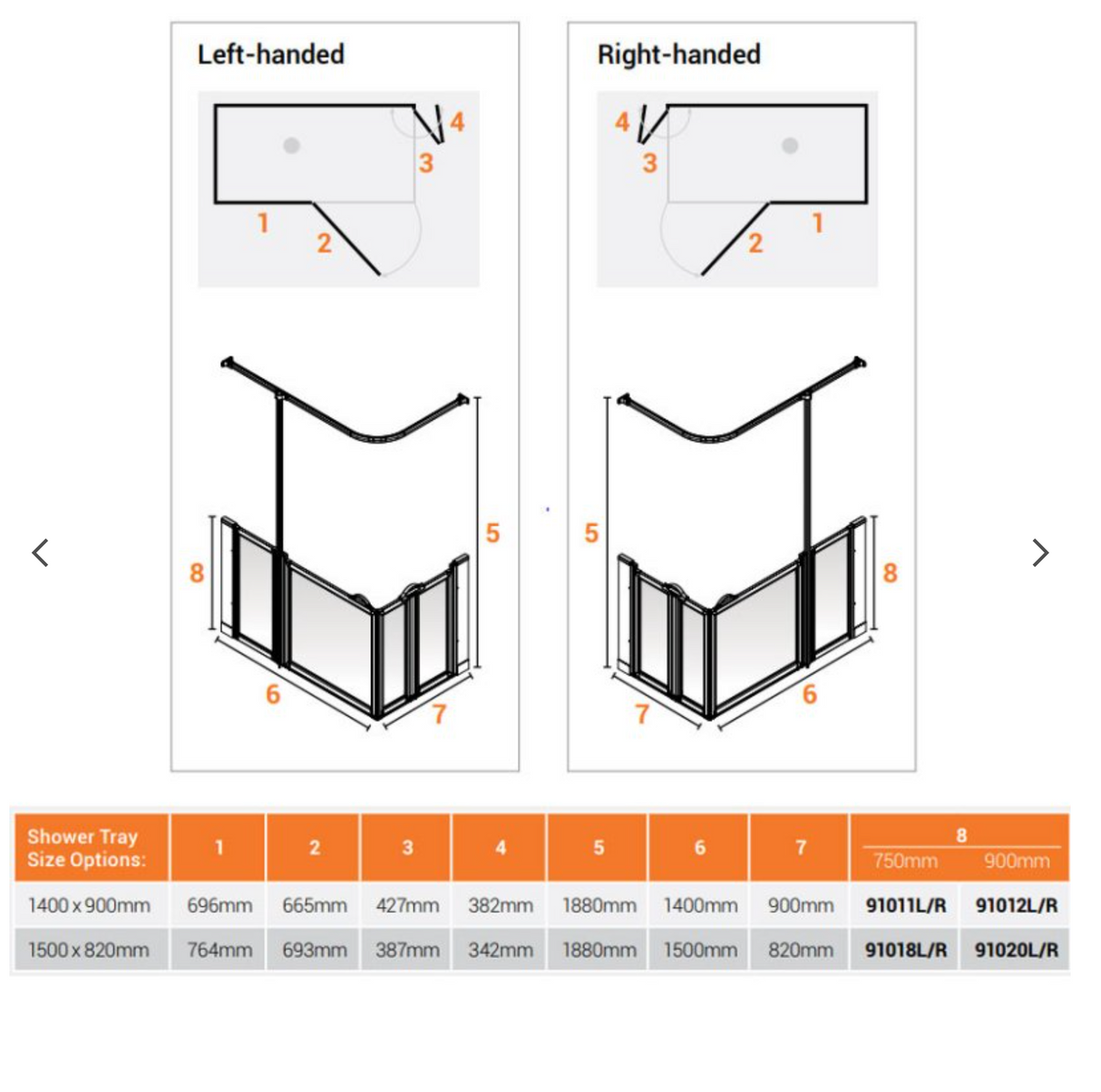 AKW Option BW Shower Screens 1500x820mm Left Hand - 900mm High (91020L)