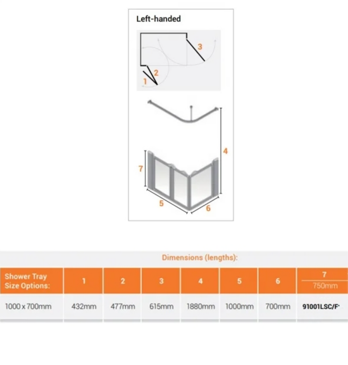 AKW Silverdale Option A Shower Screens 1000x700mm Left Hand - 750mm High - Clear (91001LSC)