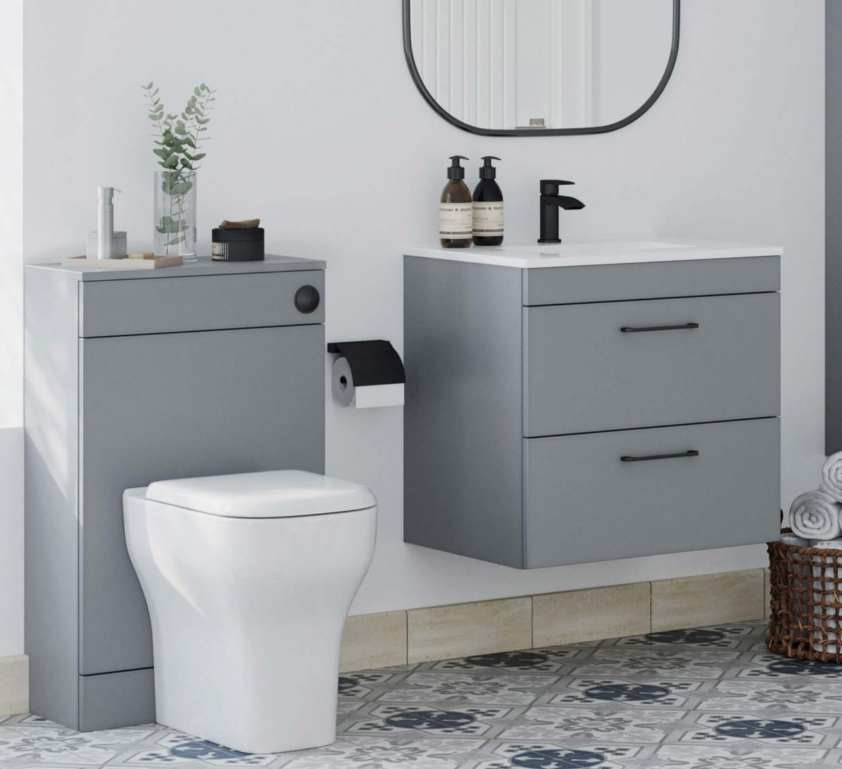 Kartell K-VIT Dove 600mm 2 Drawer Wall Mounted Unit With Ceramic Basin-Slate Grey (DOV600WMDR-SG FUR057PU)