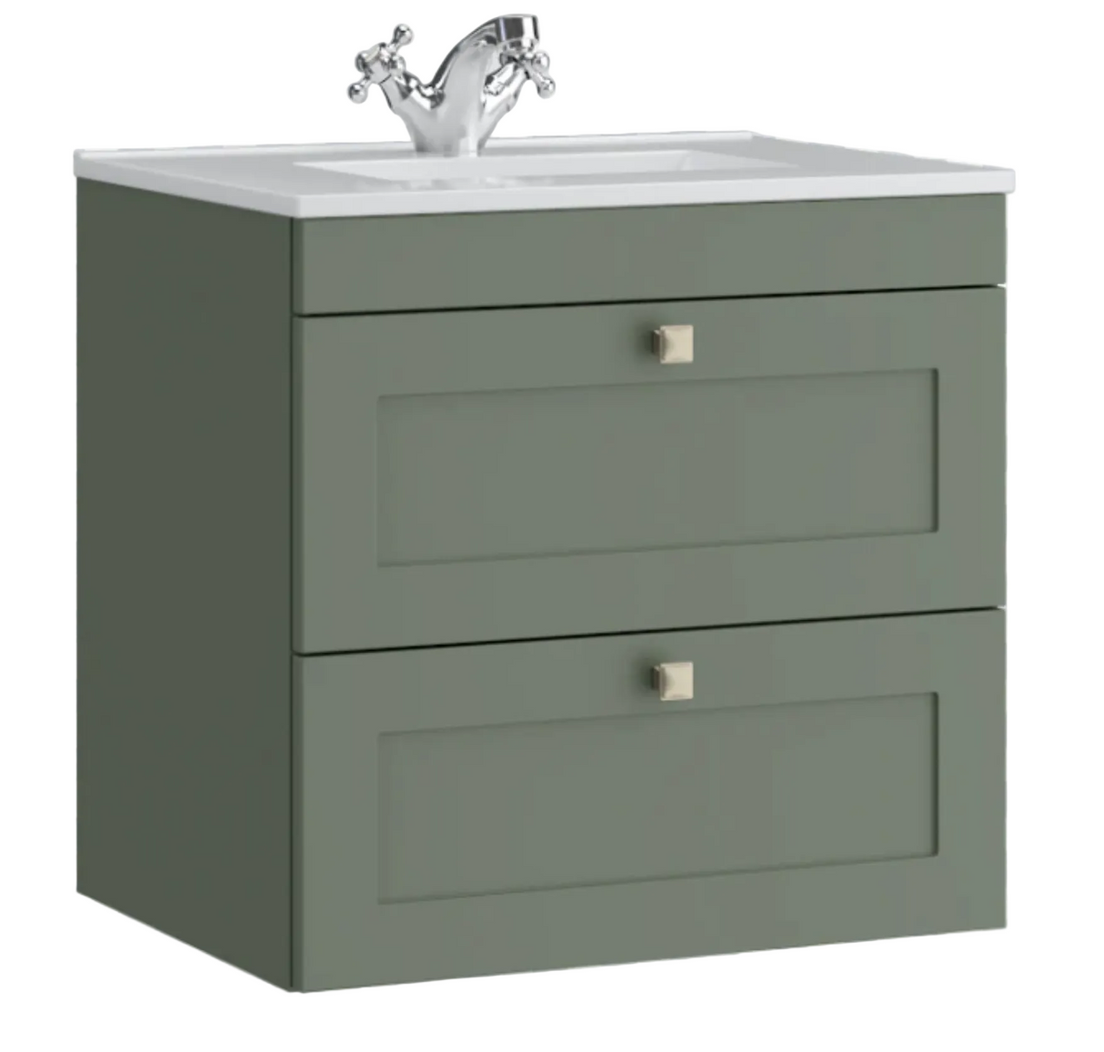 Kartell K-VIT Sanctuary 600mm 2 Drawer Wall Mounted Unit With Ceramic Basin-Corymbia Green (SAN600WMDR-CG FUR057PU)