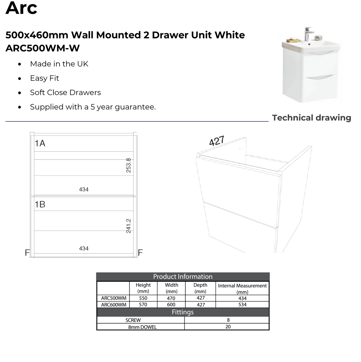 Kartell K-VIT Arc 500mm Wall Mounted 2 Drawer Unit With Ceramic Basin- White Gloss (ARC500WM-W FUR148ME)