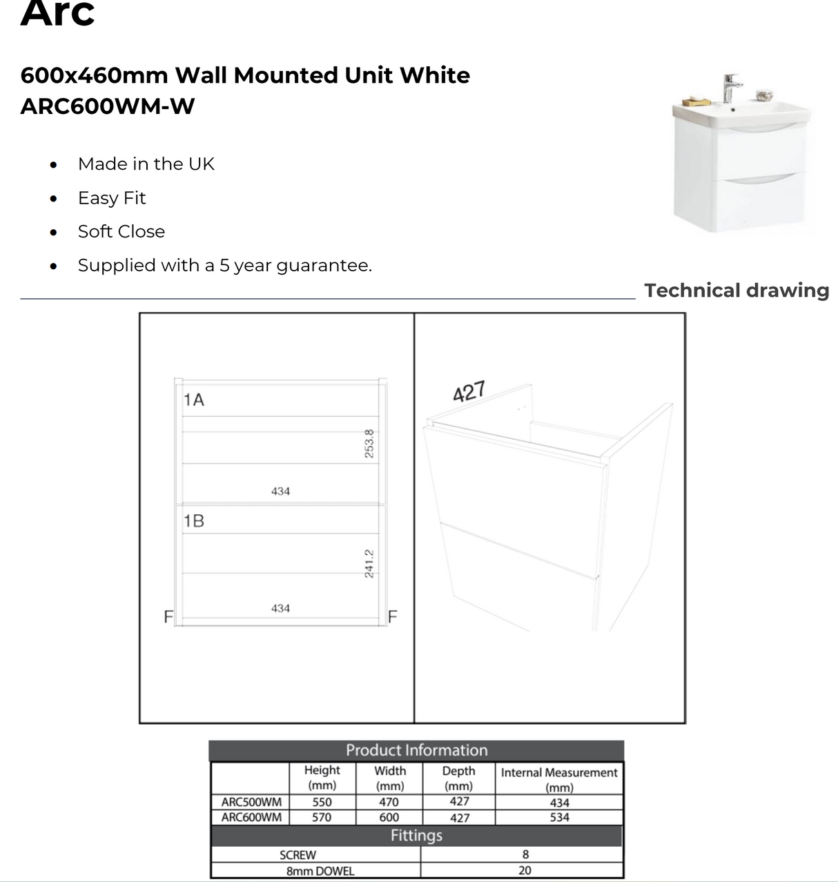 Kartell K-VIT ARC 600mm Wall Mounted 2 Drawer Unit With Ceramic Basin- White Gloss (ARC600WM-W FUR149ME)