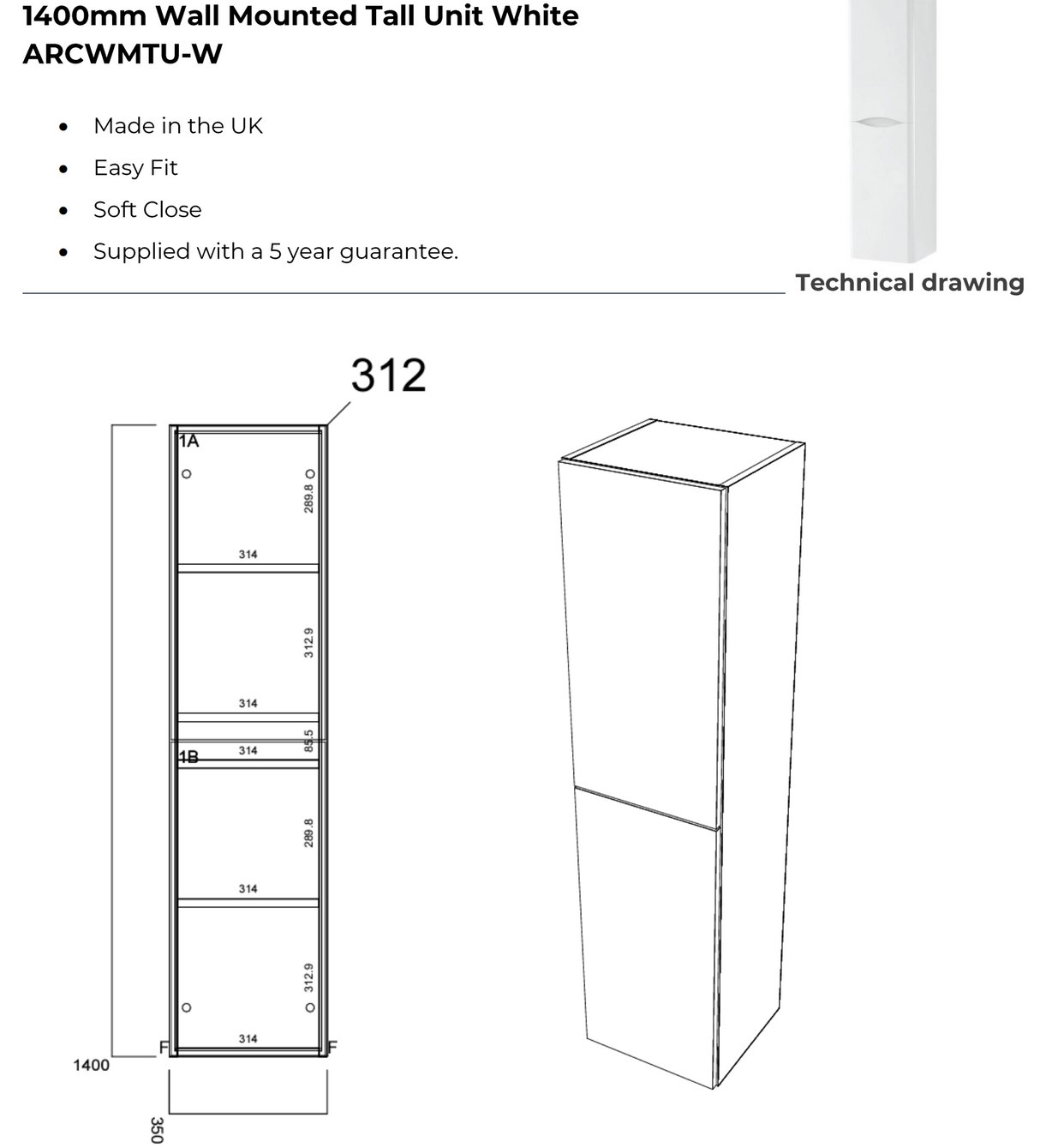 Kartell K-VIT Arc 1400mm Wall Mounted Tall Unit- White Gloss (ARCWMTU-W)