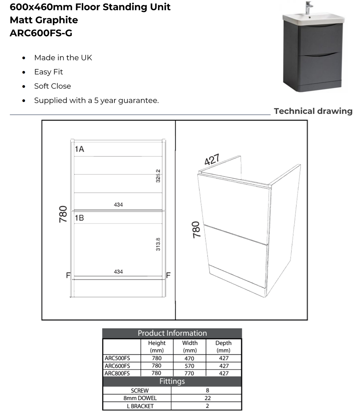 Kartell K-VIT Arc 600mm Floor Standing 2 Drawer Unit With Ceramic Basin- Matt Graphite (ARC600FS-G FUR149ME)