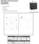 Kartell K-VIT Arc 600mm Wall Mounted 2 Drawer Unit With Ceramic Basin- Matt Graphite (ARC600WM-G FUR149ME)