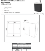 Kartell K-VIT Arc 500mm Wall Mounted 2 Door Cloakroom Unit With Ceramic Basin- Matt Graphite (ARCLOAKWM-G FUR455CA)