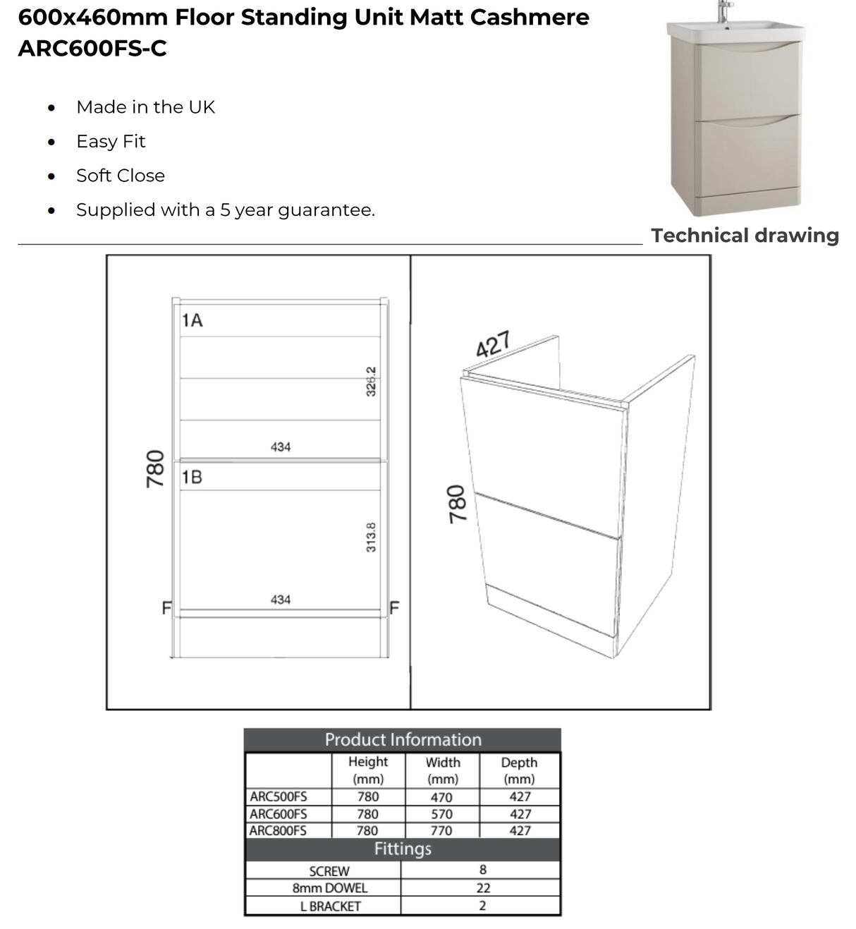 Kartell K-VIT Arc 600mm Floor Standing 2 Drawer Unit With Ceramic Basin- Cashmere (ARC600FS-C FUR149ME)