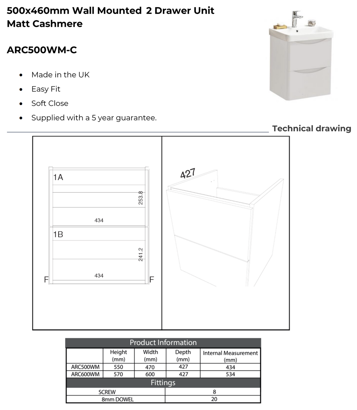 Kartell K-VIT Arc 500mm Wall Mounted 2 Drawer Unit With Ceramic Basin- Cashmere (ARC500WM-C FUR148ME)