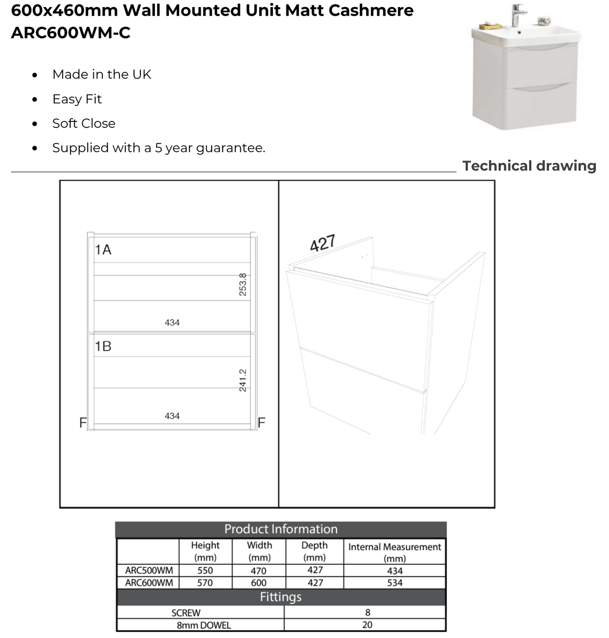 Kartell K-VIT Arc 600mm Wall Mounted 2 Drawer Unit With Ceramic Basin- Cashmere (ARC600WM-C FUR149ME)