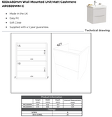 Kartell K-VIT Arc 600mm Wall Mounted 2 Drawer Unit With Ceramic Basin- Cashmere (ARC600WM-C FUR149ME)