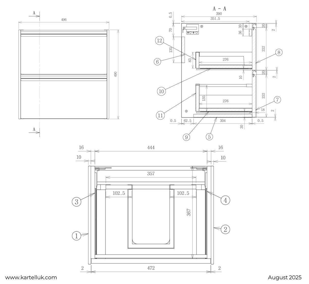 Kartell K-VIT Moon 500mm 2 Drawer Wall Mounted Unit With Ceramic Basin- Matt White (MOON500WM-W MOON500BAS)