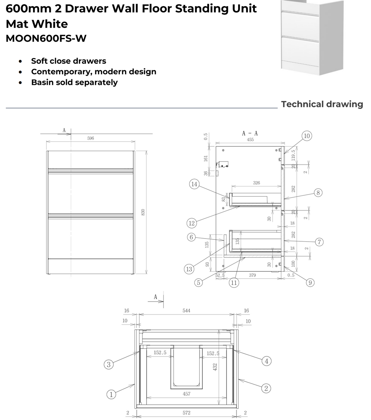 Kartell K-VIT Moon 600mm 2 Drawer Floor Standing Unit With Ceramic Basin-Matt White (MOON600FS-W MOON600BAS)