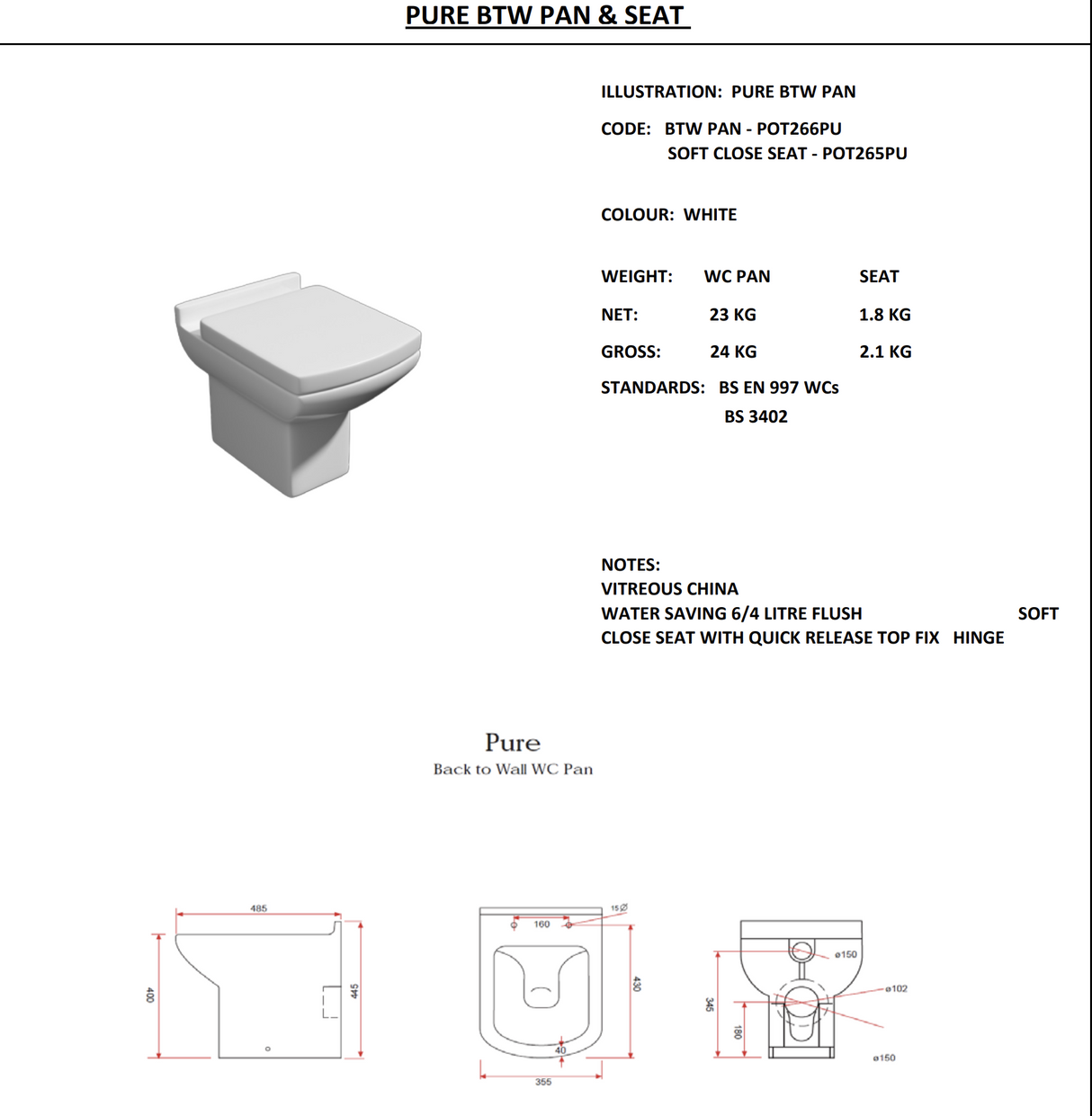 Kartell K-VIT Pure 500mm WC Unit Set- White (POT266PU-POT265PU-ACC001N-IMP500WC)