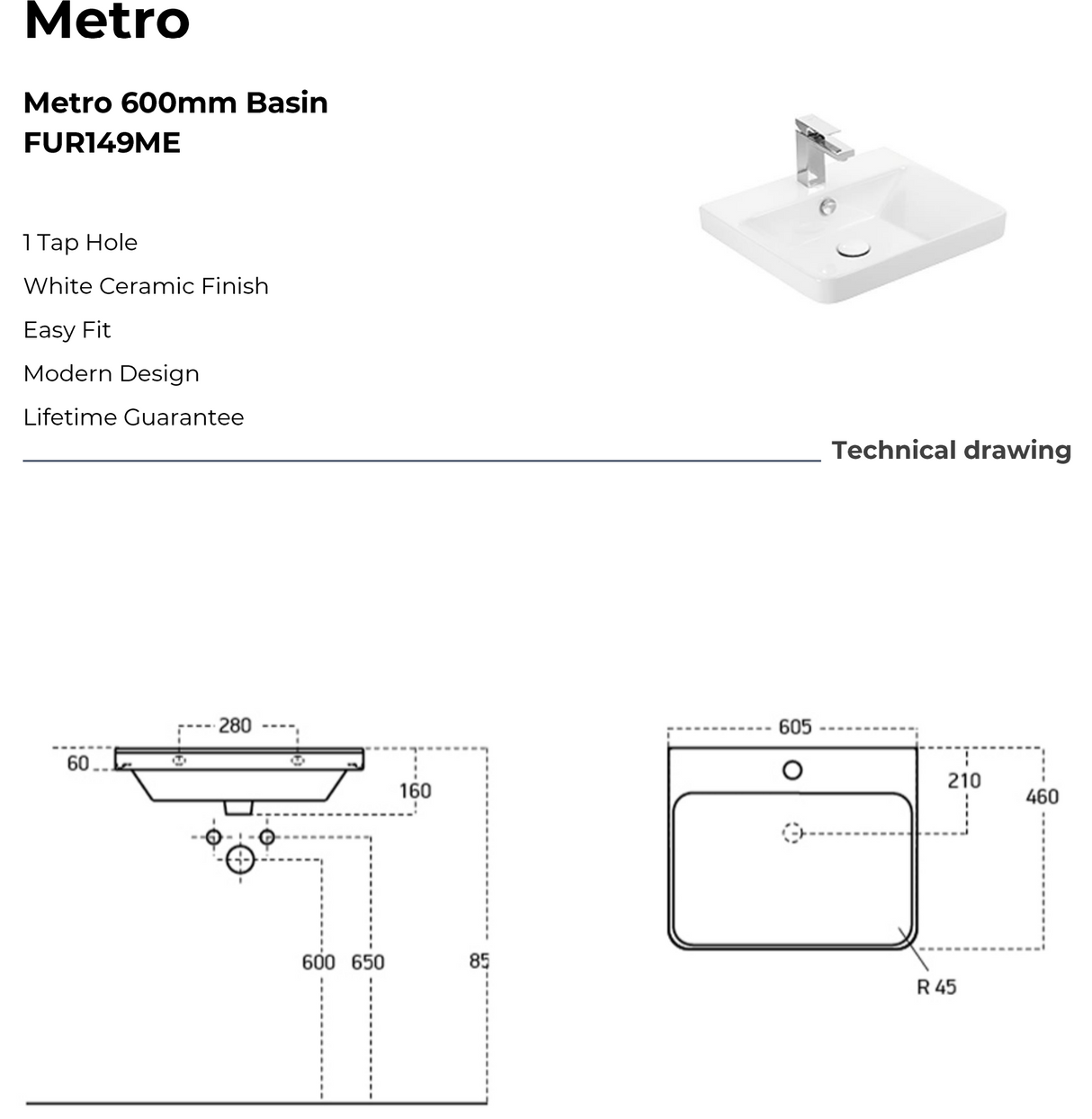 Kartell K-VIT Options 24 600mm 2 Door Unit With Ceramic Basin- White Gloss (OPT600DO-WT FUR149ME)