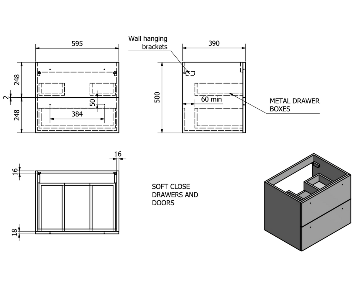 Kartell K-VIT Purity 600mm Wall Mounted Drawer Unit With Ceramic Basin- Silver Oak (PSO600WM-FUR057PU)
