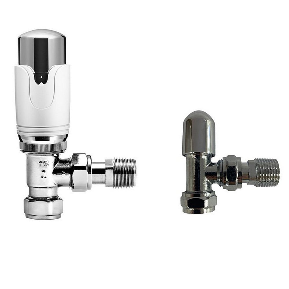 Kartell K-VIT K-Therm Refined Thermostatic Radiator Valve in white & chrome – Angled Twin Pack with Lockshield