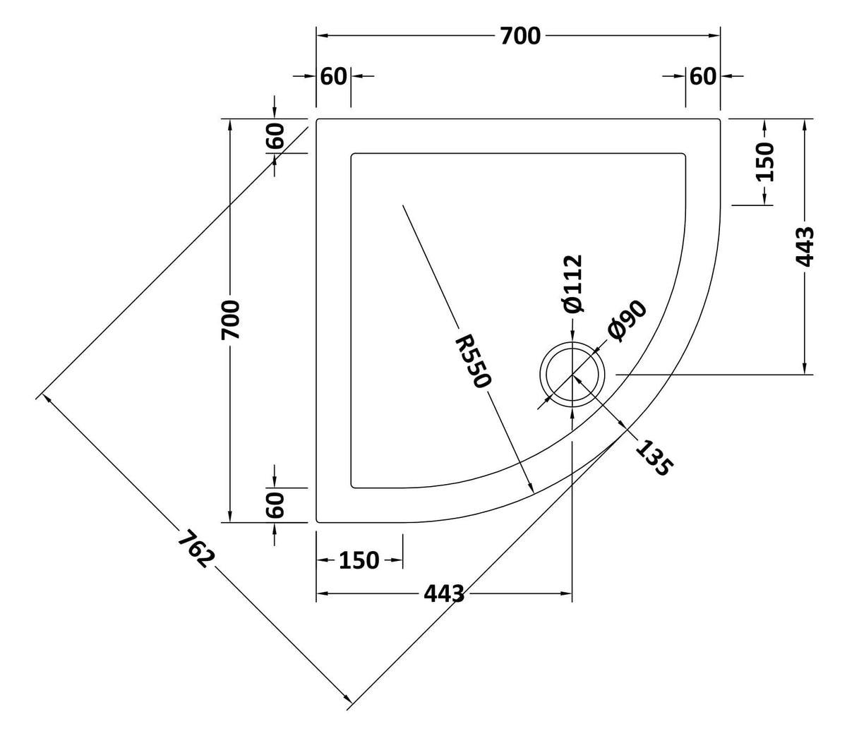 Nuie Slate Grey Slimline Quadrant Shower Tray – 700mm, 760mm, 800mm, 900mm & 1000mm, photo 3