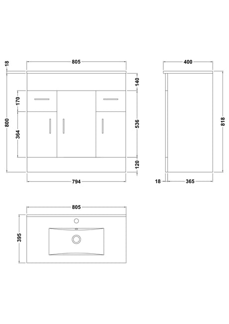 Nuie Eden 3 Door 2 Drawer Floor Standing Vanity Unit With Basin – 800mm & 1000mm, photo 4
