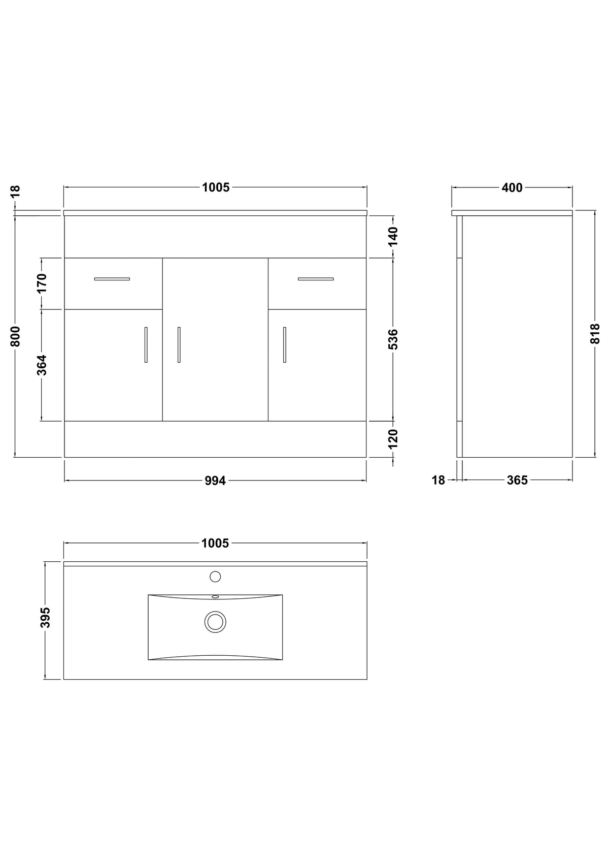 Nuie Eden 3 Door 2 Drawer Floor Standing Vanity Unit With Basin – 800mm & 1000mm, photo 5