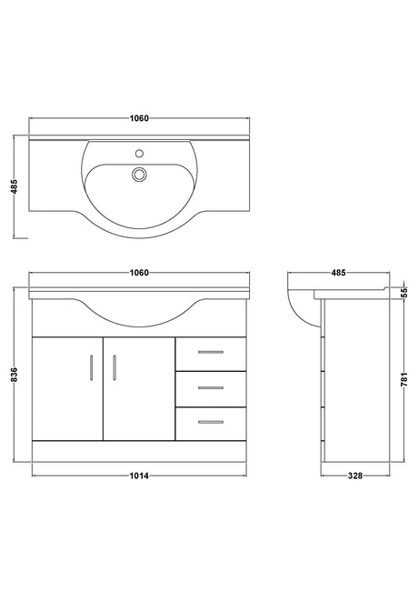 Nuie Mayford 1050mm 2 Door 3 Drawer Floor Standing Vanity Unit With Basin – Gloss White, photo 3